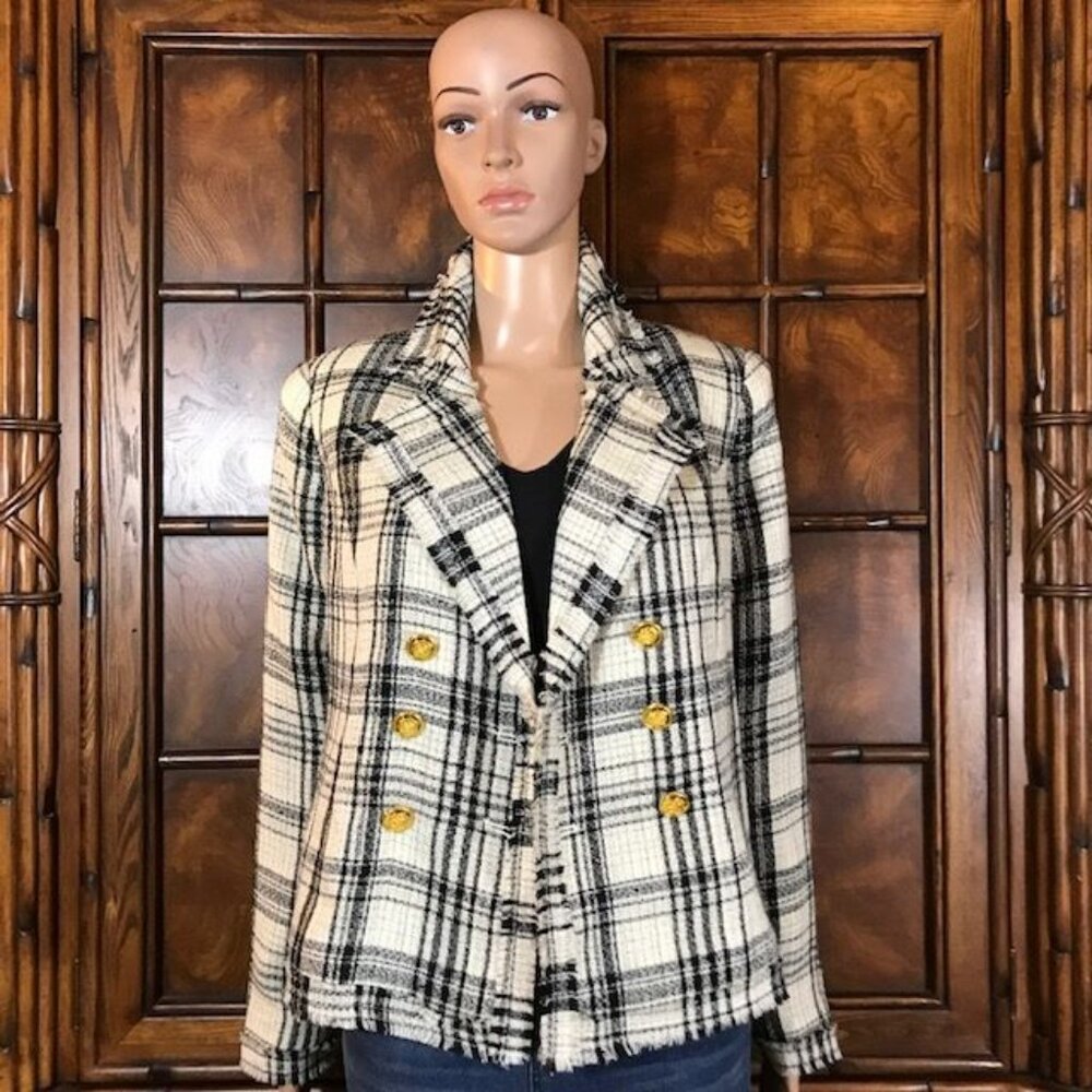 G by Giuliana Ivory Plaid Finge Trim Royal Crest Button Double Breasted Jacket
